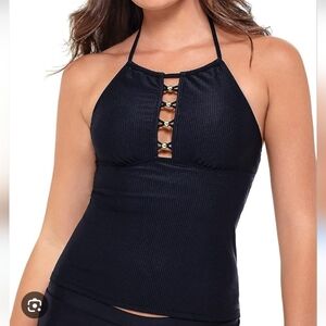 Salt + Cove Junior Womans Black Ribbed Halter Tankini Top
